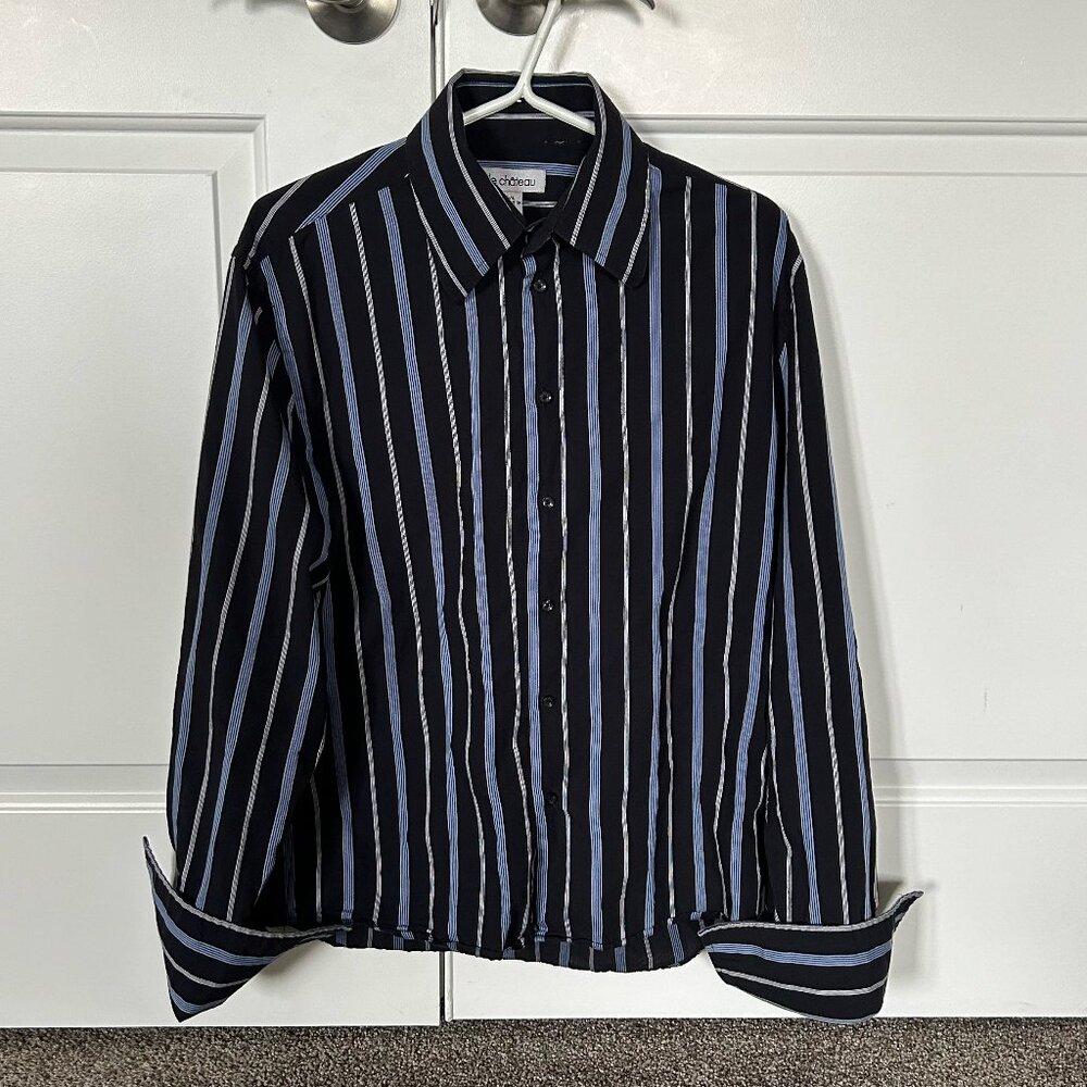 Le Chateau Men's Button Down Dress Shirt Dark Blue with Stripes Size L